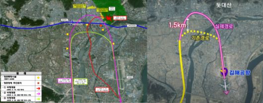 2025년 6월 25일 대만발 중화항공 CI-186편 여객기의 선회 경로와 2002년 돗대산 참사 당시 중국국제항공 CA-129편 여객기 선회 경로. 김해시 제공