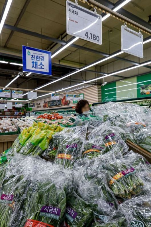 이달 초부터 시작된 때 이른 무더위로 농산물값이 오르는 '히트플레이션' 현상이 나타나며 최근 일주일 새 수박 한 통이 3만원을 넘어서고, 특히 배추나 시금치 같은 더위에 약한 채소 가격이 상승한 가운데 14일 서울 서초구 하나로마트 양재점에 시금치가 진열돼 있다. 2025.7.14. 강진형 기자