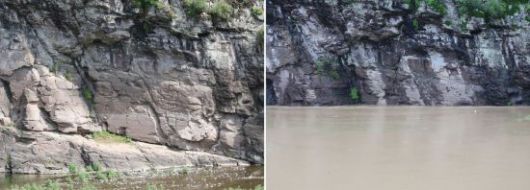 울산 울주 대곡리 반구대 암각화의 침수 전(왼쪽)과 후 모습. 연합뉴스