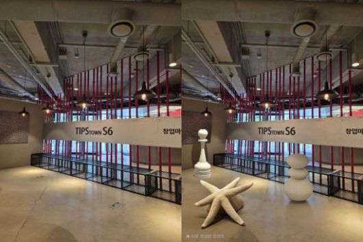 갤럭시Z 폴드7로 찍은 사진 원본(왼쪽)과 스케치 변환 기능을 사용해 인공지능(AI)으로 생성한 조각품들이 들어간 사진.