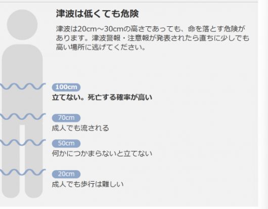 쓰나미가 높이 20~30cm만 되어도 위협적이라는 것을 경고하는 야후 재팬의 그래픽. 20cm만 되어도 성인이 걷기 힘든 정도라고 설명하고 있다. 야후재팬.