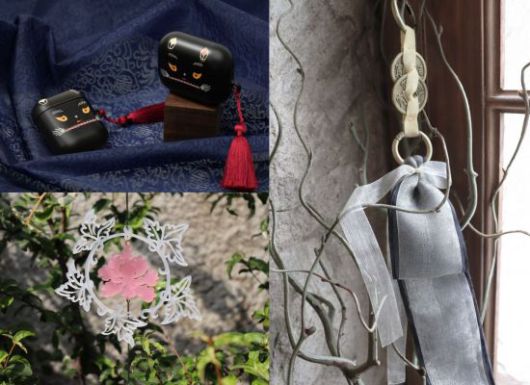 왼쪽 위부터 시계방향으로 호건 에어팟케이스, 열쇠패 키링, 분청사기 모란 풍경 이미지. 이담소