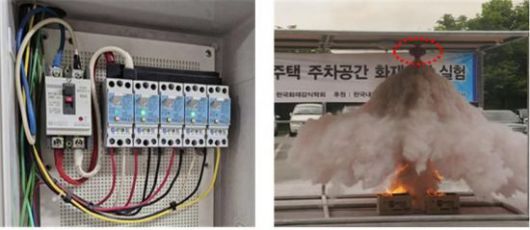 전기불꽃을 감지해 전원을 차단하는 아크차단기(사진 왼쪽), 화재 감지 시 소화약재를 자동으로 분사하는 자동 확산형 소화기. 국토교통부 제공