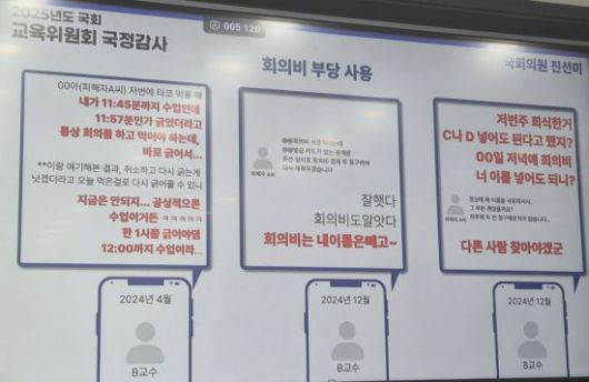 22일 국회 교육위원회 국정감사에서 진선미 더불어민주당 의원이 공개한 전남대 대학원생 피해 관련 문자 메시지 자료 화면. 송보현 기자