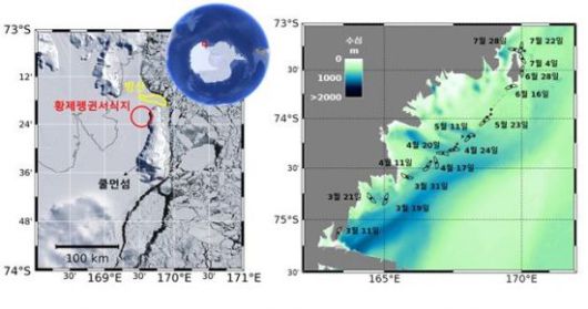 쿨먼섬 황제펭귄 서식지와 거대빙산 위치(왼쪽), 난센 빙붕에서 떨어져나온 빙산의 이동 경로(오른쪽). 극지연구소 제공
