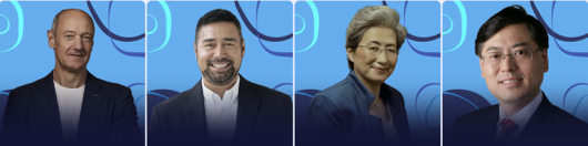 CES 2026 공식 키노트 연설에 나서는 CEO들. 왼쪽부터 롤랜드 부시 지멘스 CEO, 조 크리드 캐터필러 CEO, 리사 수 AMD CEO, 양위안칭 레노버 CEO.