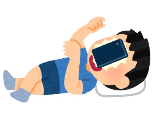 스마트폰 하다가 놓쳐서 얼굴에 맞은 사람의 일러스트. 이라스토야.