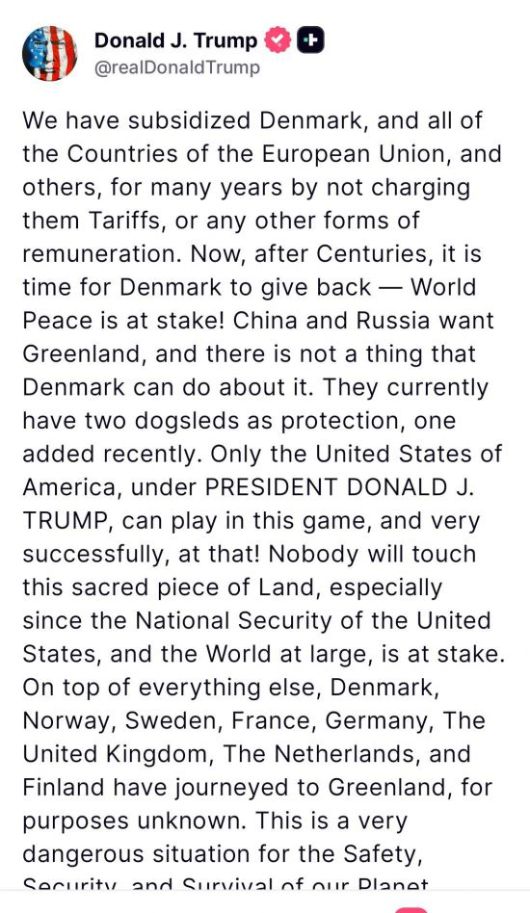 도널드 트럼프 미국 대통령의 트루스소셜 내용 캡쳐. 트루스소셜