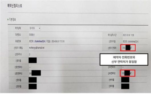 최민희 의원이 공개한 사랑재 예약신청 기본정보 화면. 사진제공=최민희 의원실.