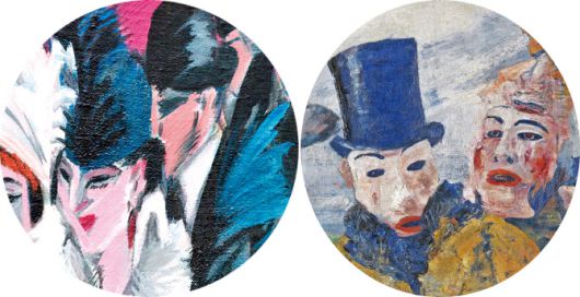 에른스트 루트비히 키르히너의 ‘베를린 거리 풍경’(1913)과 제임스 앙소르의 ‘음모’(1890)의 부분. 대상을 표현한 기법은 다르지만 가면 쓴 인간의 위선이 풍겨내는 냉소·허무·불안 등을 오히려 밝은 색채로 끌어낸 역설적인 방식은 다르지 않다.