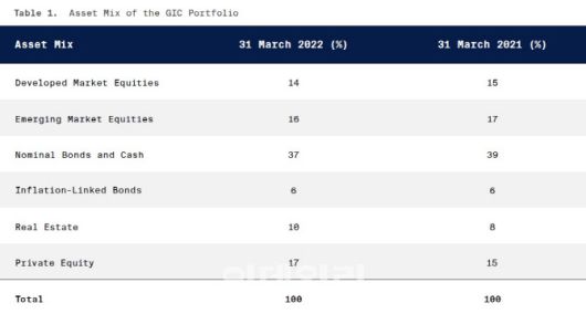 GIC 자산들 투자비중 (자료=GIC 2022년 연간 보고서)