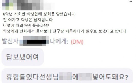 초등학교 6학년 남학생이 교사에게 보낸 성희롱 메시지다. (사진=온라인 커뮤니티)