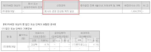 디엔에이링크의 유상증자 결정 공시를 살펴보면 평화개발을 제3자배정 대상자로 선정한 경위에 대해 ‘회사의 경영 정상화 달성’이라고 기재돼 있다. (자료=한국거래소 기업공시채널)