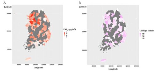 우리나라 미세먼지 농도 분포와 지역별 비뇨기계암 발생률.