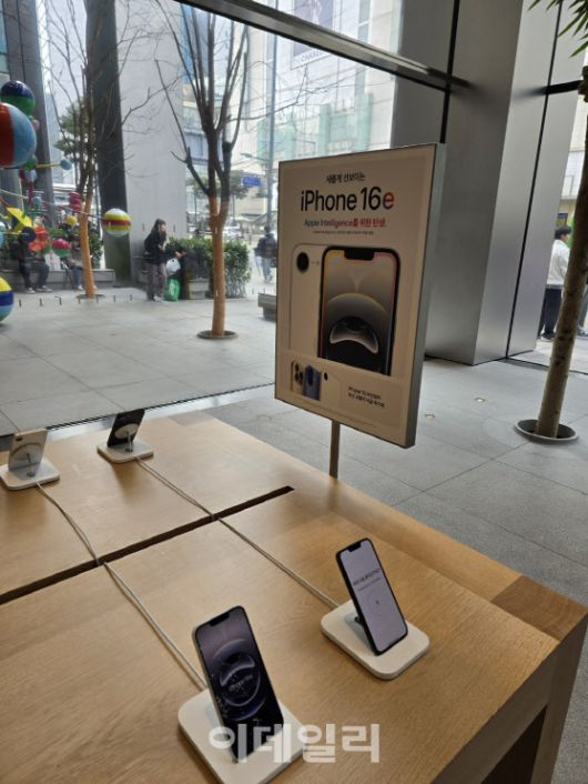 명동 애플스토어에 16e 모델이 전시돼 있다(사진=윤정훈 기자)