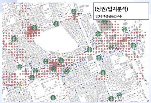 그랜데이터 활용한 스타벅스 주변 주요 상권 분석 예시(사진=그랜데이터)