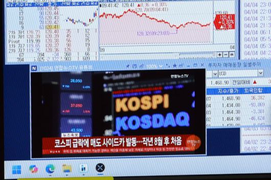 7일 서울 중구 하나은행 본점 딜링룸에서 딜러가 업무를 보는 가운데 업무용 모니터에 프로그램매도호가 일시효력정지(사이드카) 발동 관련 보도가 나오고 있다. (사진=연합뉴스)