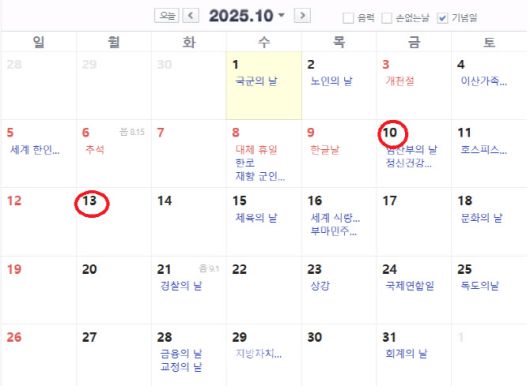 올해 주 5일제가 아닌 주 4일제를 적용한다고 가정하면 10월 추석 연휴는 개천절(금요일)인 3일부터 금요일인 10일과 개천절의 대체공휴일인 13일 등을 포함해 3~13일까지 11일에 달한다. (자료=네이버 달력)