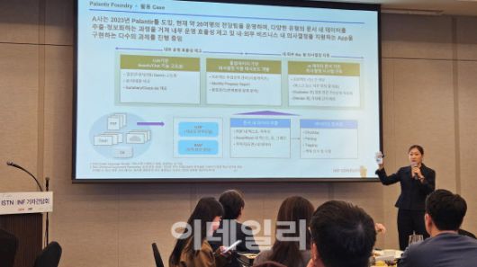 ISTN/INF가 23일 서울 강남구 그랜드인터컨티넨탈 서울파르나스에서 개최한 세미나에서 김수연 INF AI CoE 상무가 ‘팔란티어(Palantir) 및 인공지능 엔터프라이즈(AIE)’를 주제로 발표하고 있다.(사진=김범준 기자)
