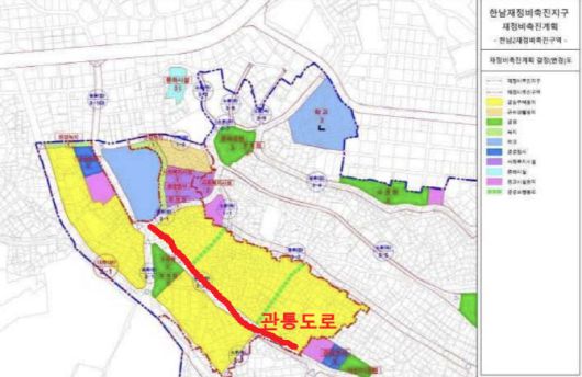 한남2구역 재정비촉진계획 결정도, 노란 색이 공동주택 조성구역(출처: 서울시)