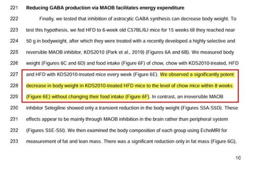 2023년 9월 네이처 자매지 네이처 메타볼리즘에 퍼블리시 된 뉴로바이오젠 비만 치료 연구 논문. 논문에서 “KDS2010을 투여한 고지방식이 생쥐(HFD)에서 식욕 변화 없이, 8주 이내에 체중이 정상식이군(chow) 수준으로 유의미하게 감소했다”고 언급돼 있다.