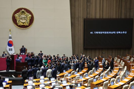 지난 1일 서울 여의도 국회에서 열린 제424회 국회(임시회) 제7차 본회의에서 국민의힘 의원들이 최상목 탄핵소추안 상정에 반발하며 우원식 국회의장을 찾아가 규탄하고 있다.(사진=뉴시스)