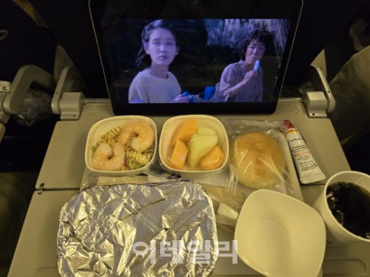 대한항공 이코노미석 테이블 트레이에도 태블릿을 놓고 충분히 사용할 수 있다(사진=윤정훈 기자)