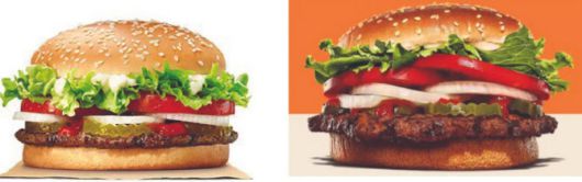 2022년 소송 후 버거킹이 바꾼 와퍼 이미지(왼쪽).