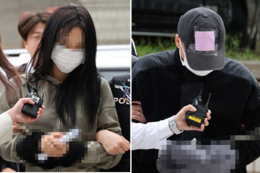 축구 국가대표팀 주장 손흥민의 아이를 임신했다고 주장하며 손씨에게 돈을 뜯어내려 한 20대 여성 양모씨(왼쪽)와 40대 남성 윤모씨가 17일 영장실질심사를 받기 위해 서울중앙지법에 들어서고 있다.(사진=연합뉴스)