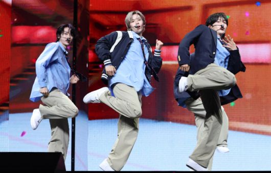 라이즈(RIIZE) 성찬(왼쪽부터)과 쇼타로, 원빈가 19일 오전 서울 용산구 블루스퀘어에서 가진 첫 정규 앨범 ‘오디세이(ODYSSEY)’ 발매 기념 쇼케이스에서 타이틀 곡 ‘Fly Up’(플라이 업)을 선보이고 있다,(사진=뉴스1)