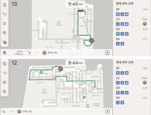 업데이트된 내비게이션은 지하 주차장 내 정보를 비롯해 지정한 상세 출입구 위치까지 경로 안내가 가능하다. (사진=HMG저널)