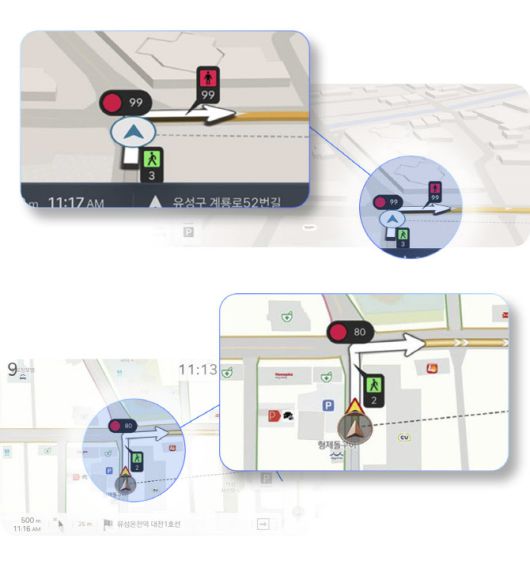 차량 신호와 보행 신호를 연계한 현대차그룹 신규 내비게이션 기능. (사진=HMG저널)
