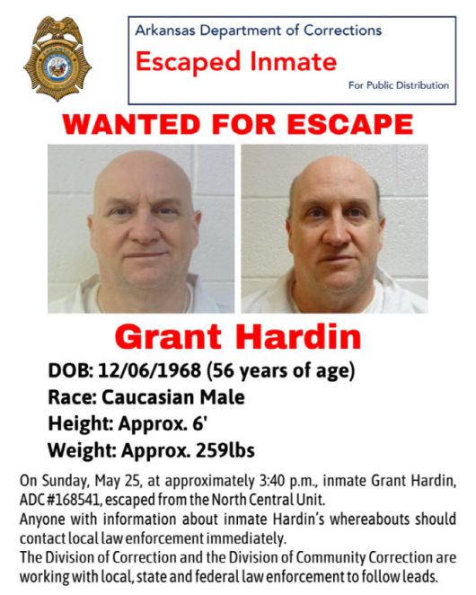그랜트 하딘 공개 수배서. (사진=아칸소 교정 당국 엑스)