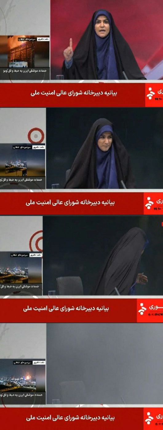 16일, 이란 국영 IRINN 뉴스가 방송한 영상에서 캡처한 이미지들에는 뉴스 진행자가 뉴스를 전하는 모습, 갑작스러운 폭음에 반응하는 장면, 급히 자리를 떠나는 모습, 그리고 연기 속에 휩싸인 의자와 마이크가 순차적으로 담겨 있다.(사진=AFP/IRINN)