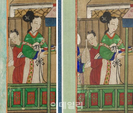 미국 포틀랜드미술관 소장 ‘구운몽도 병풍’. 장황 직물에 가려져 있던 그림이 발견돼 화면을 넓혀 그림이 드러나도록 새롭게 장황함. 왼쪽이 보존처리 전, 오른쪼깅 보존처리 후. (사진=국가유산청)