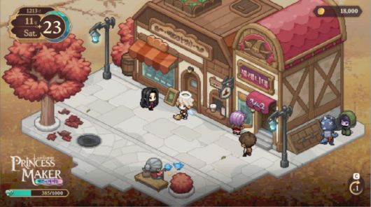 자유시간을 보내면 등장하는 보라색 머리의 프메3 주인공. (사진=프린세스 메이커: 예언의 아이들)