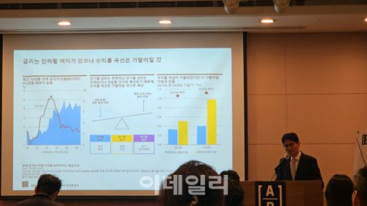 유재흥 AB자산운용 채권부문 선임 포트폴리오 매니저(파트장)가 30일 서울 여의도 FKI타워(옛 전경련회관)에서 열린 ‘AB자산운용 2025년 하반기 글로벌 주식·채권시장 전망 기자간담회’에서 발표하고 있다. (사진=김성수 기자)