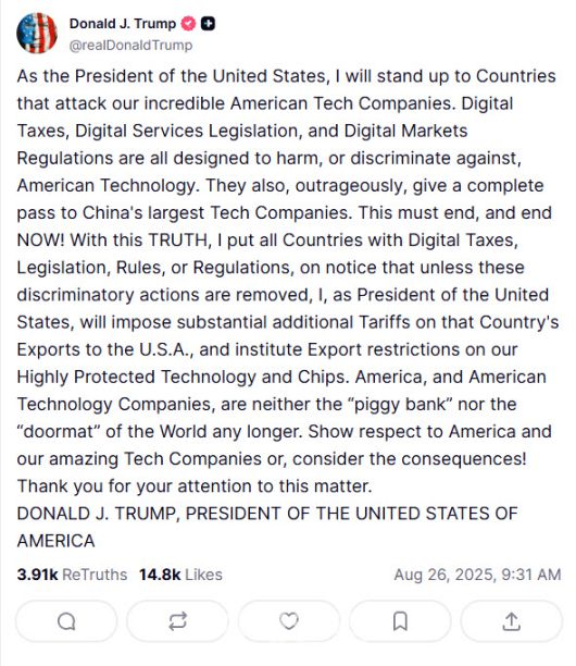 도널드 트럼프 미국 대통령이 디지털 무역장벽을 언급한 트루스소셜 게시글(사진=트루스소셜 갈무리)