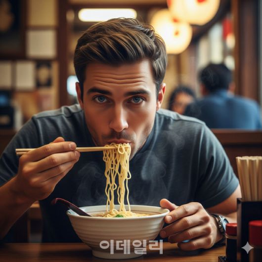 파란 눈을 가진 외국인이  젓가락으로 국수를 맛있게 먹는 모습을 그려달라고 하니 나온 결과물로 사진 오른쪽 아래에 AI 생성 이미지 워터마크가 삽입 돼 있다.