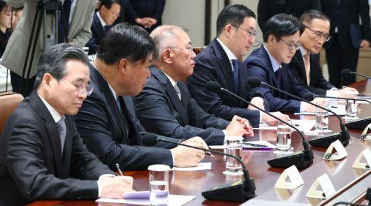 16일 용산 대통령실에서 열린 한미 관세협상 후속 민관 합동회의에서 참석자들이 이재명 대통령 발언을 듣고 있다. 왼쪽부터 김용범 정책실장, 서정진 셀트리온 회장, 정의선 현대차그룹 회장, 구광모 LG그룹 회장, 김정관 산업통상부 장관, 위성락 국가안보실장. (사진=연합뉴스)