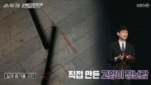 A씨가 B씨를 살해하는 과정에서 폭행할 때 썼던 쇠 파이프가 달린 고양이 장난감. (사진=KBS 스모킹건 캡처)