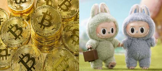 비트코인 모형과 라부부 인형.(사진=이미지투데이)