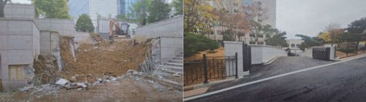 윤석열 정부 시절 추진된 서울 용산 대통령 집무실 동쪽 진입로 착공 당시와 (왼쪽) 완공된 모습이다. (사진=추미애 더불어민주당 의원실)