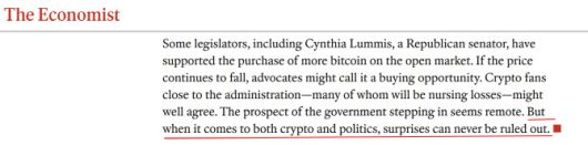 암호화폐 관련한 여러 비관론이 제기되고 있지만 이코노미스트는 18일 보도에서 “암호화폐와 정치에서는 놀랄 일 일어날 수 있다”면서 기사를 끝맺었다. (사진=이코노미스트)