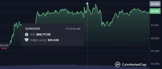 비트코인이 꾸준히 오름세를 보여 20일 오전 현재 8만8000달러대를 기록하고 있다. (사진=코인마켓캡)