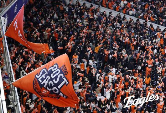 대전 한화생명볼파크에서 열린 프로야구 2025 신한 SOL뱅크 KBO 포스트시즌 한국시리즈 5차전 LG 트윈스와 한화 이글스의 경기에서 한화팬이 응원을 펼치고 있다.(사진=뉴스1)