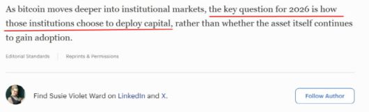 포브스는 1일 '2026년 비트코인 가격 전망은 무엇인가(What Is Bitcoins Price Prediction For 2026?)' 제목의 기고문에서 수지 바이올렛 워드의 글을 보도했다. 이 기고문은 "2026년 핵심 질문은 기관들이 자본을 어떻게 배분할 것인가라는 것"이라고 지적했다. 포브스는 수지에 대해 "비트코인에 특화된 금융 애널리스트이자 기자다. 포브스에서 활동하며 비트코인과 환경 이슈가 교차하는 영역을 중점적으로 다룬다. 수지는 Bitcoin Policy UK의 CEO이자 공동 설립자이기도 하다"고 소개했다. (사진=포브스)