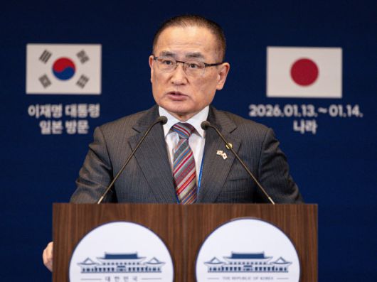 위성락 국가안보실장이 14일 일본 오사카에 마련된 대한민국 프레스센터에서 한일 정상회담 관련 주요성과 브리핑을 하고 있다.(사진=연합뉴스)