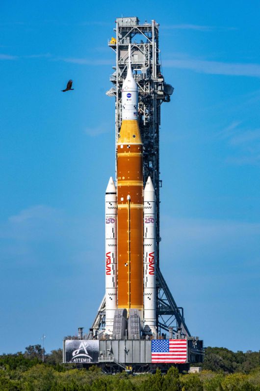 17일(현지시간) 유인 달 탐사 임무를 앞두고 NASA의 아르테미스 II 임무에 사용될 스페이스 런치 시스템(SLS) 로켓과 오리온(Orion) 우주선이 미국 플로리다주 케네디 우주센터의 발사대 39B로 이동하고 있다. (사진=AFP)