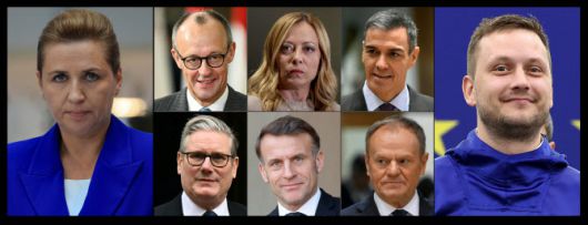 메테 프레데릭센(왼쪽 첫번째) 덴마크 총리, 그린란드 정부 수반 옌스-프레데릭 닐센(오른쪽 첫번째) 총리. (가운데 작은 사진 왼쪽 위부터 시계방향으로) 프리드리히 메르츠 독일 총리, 조르자 멜로니 이탈리아 총리, 페드로 산체스 스페인 총리, 도날트 투스크 폴란드 총리, 에마뉘엘 마크롱 프랑스 대통령, 키어 스타머 영국 총리 (사진=AFP)